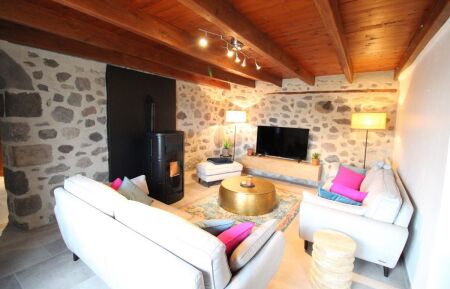 G&icirc;te n&deg;86811 Saint-&Eacute;tienne-de-Carlat - Cantal - Salon avec po&ecirc;le &agrave; granul&eacute;s et TV &eacute;cran plat